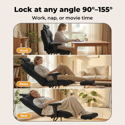 Executive Ergonomic Office Chair Suede Fabric Wide Seat 155° Recline Footrest