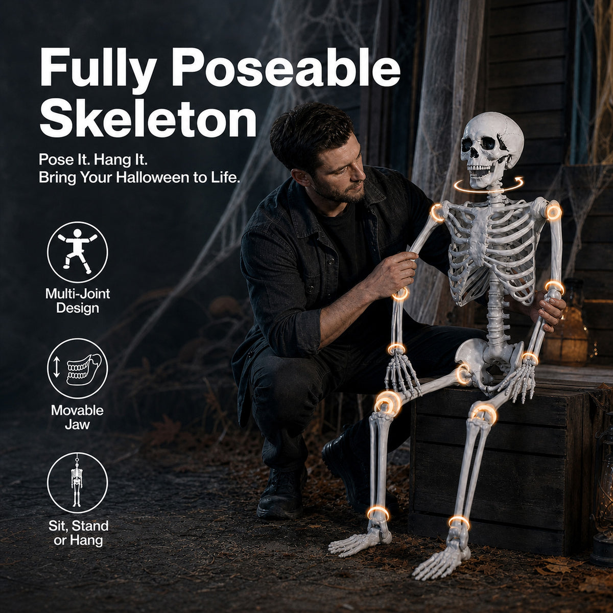 Yezi Halloween Skeleton Life Size 185cm Posable Joints Haunted House Patio White