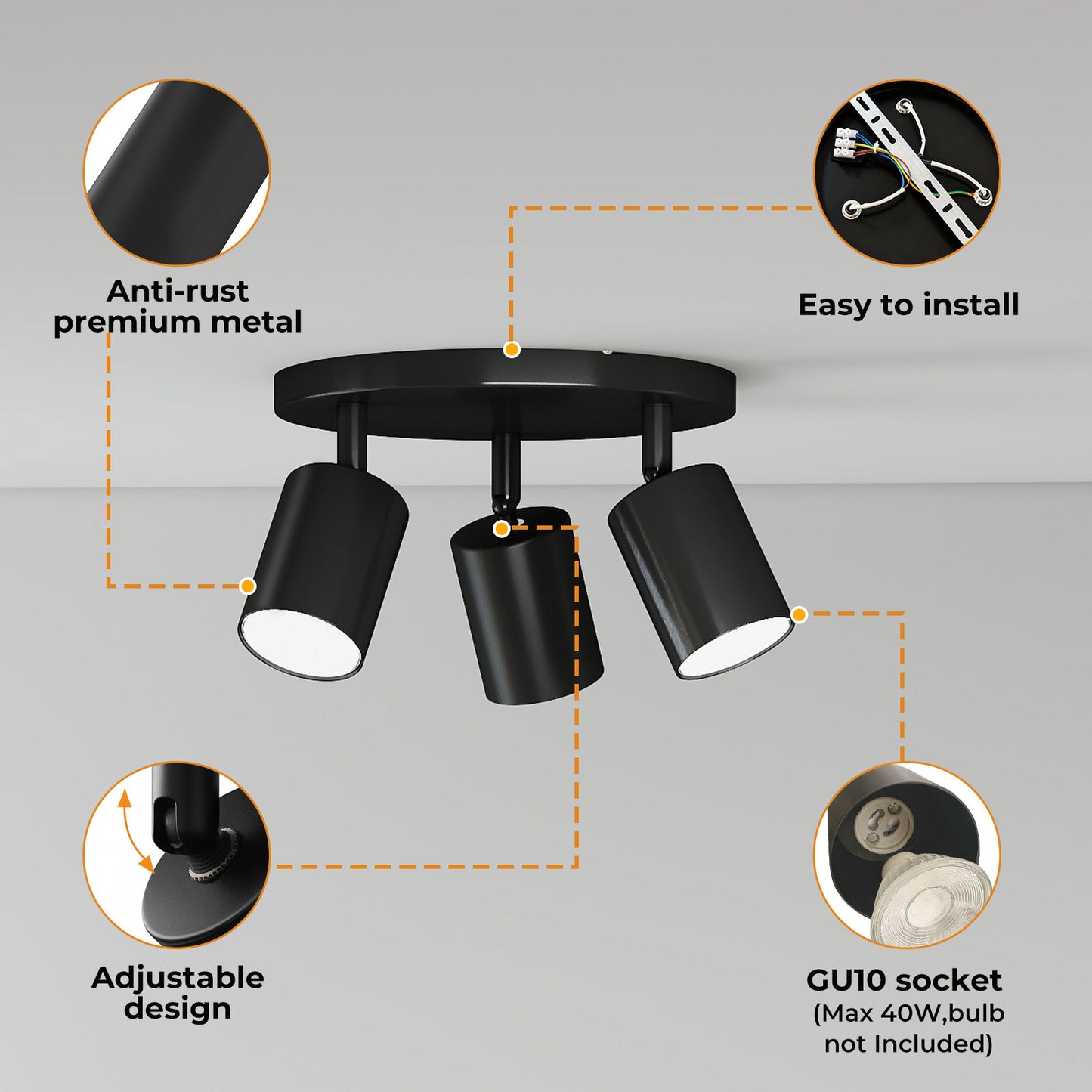 EMITTO 3-Way Spotlight Ceiling Light Adjustable GU10 Modern Black Round Base