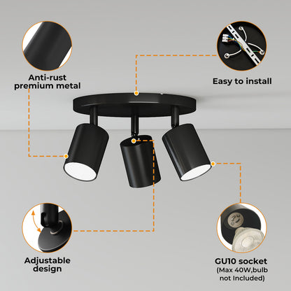 EMITTO 3-Way Spotlight Ceiling Light Adjustable GU10 Modern Black Round Base