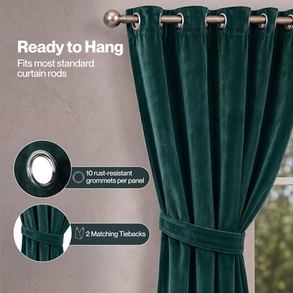 Marlow Thick Thermal Blackout Curtains Velvet 66x90 Inch Eyelet Ring Top Green