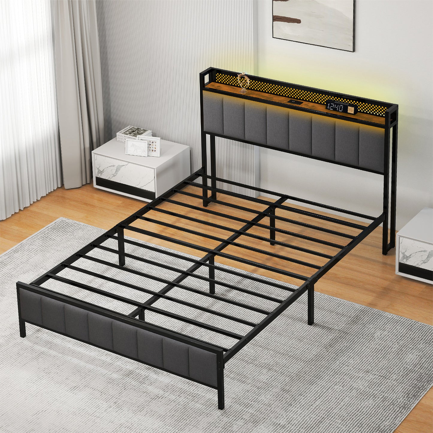 Levede Small Double Bed Frame Metal Platform LED Headboard Charging Station Grey