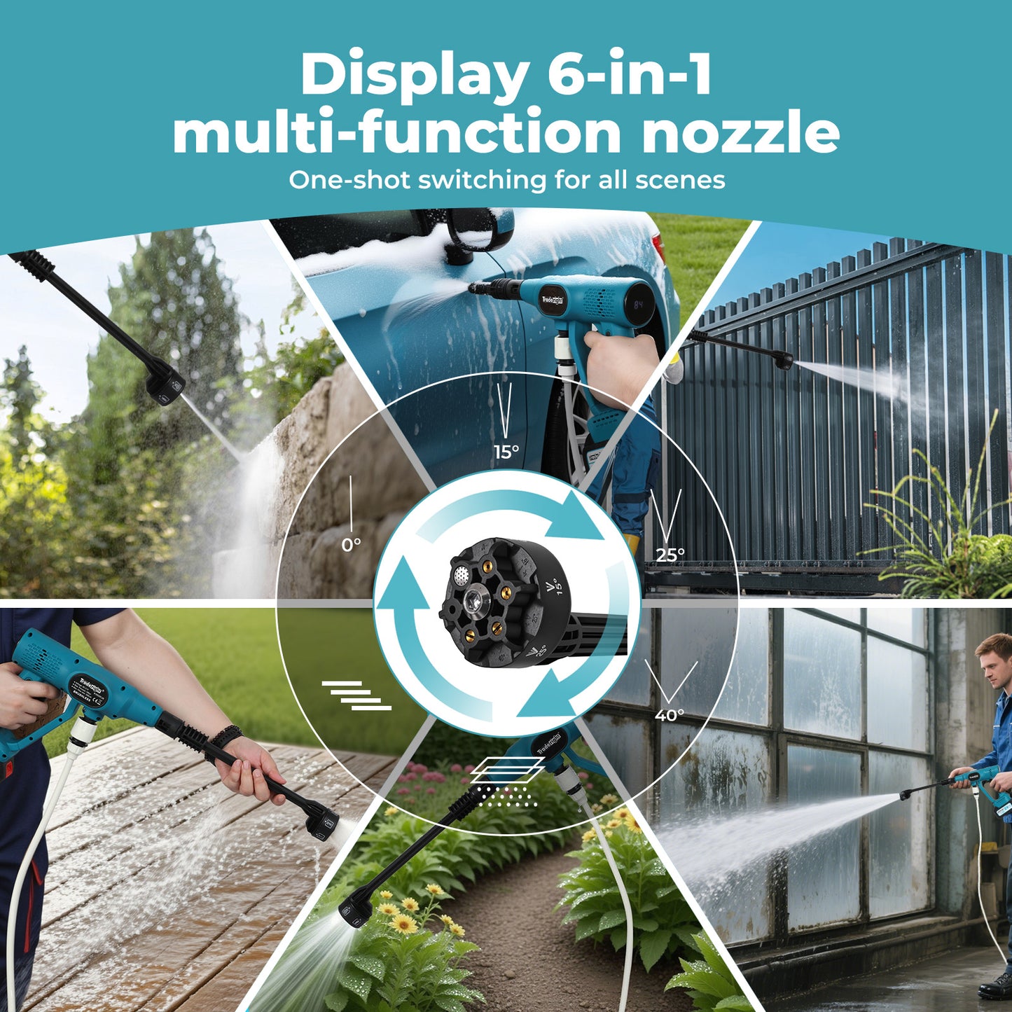 Traderight Cordless Pressure Washer 50Bar/725PSI Dual 4000mAh  6-in-1 Nozzle LCD