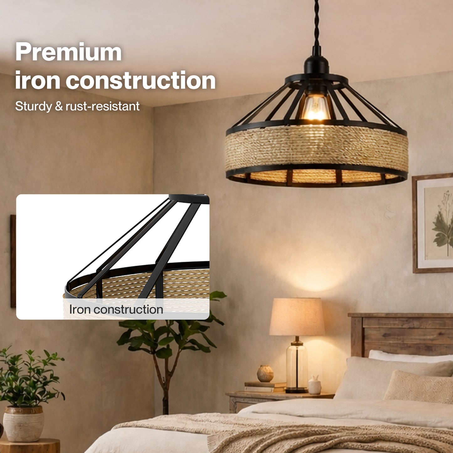 Emitto Modern Ceiling Pendant Light Shade Industrial Hemp Rope Lamp Shade 30cm