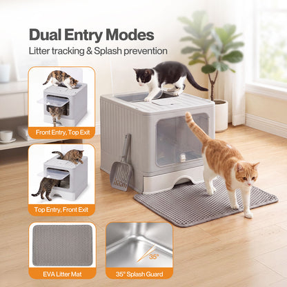Skylos Cat Litter Box Stainless Steel Enclosed Drawer Odor Control Foldable Grey