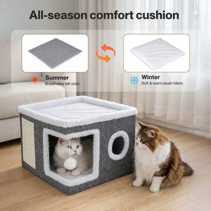 Skylos Cat House Indoor Cat Cave with Scratch Pad Fluffy Ball Pet Bed Foldable