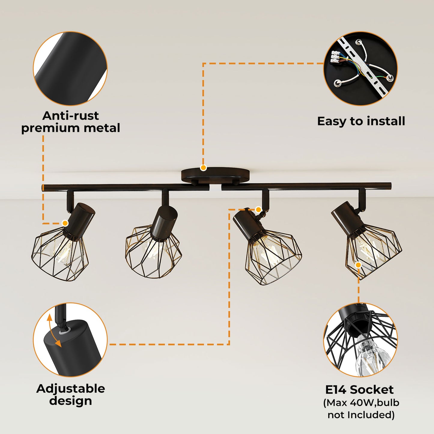 EMITTO 3-4 Way Spotlight Ceiling Light Adjustable Kitchen Spot Light E14 Fixture