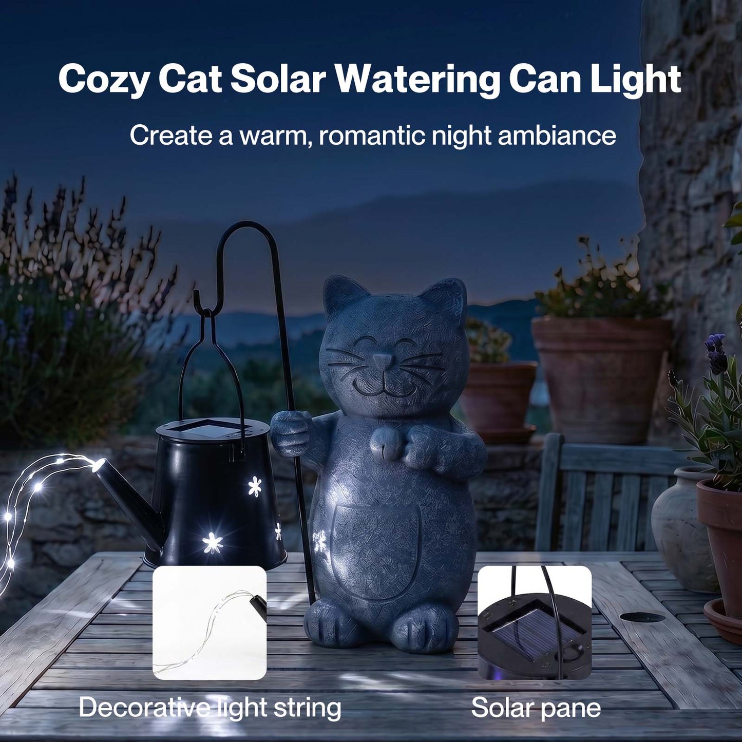 Emitto Solar Light Cat Garden Statue Ornament Resin Metal Stone Grey Black