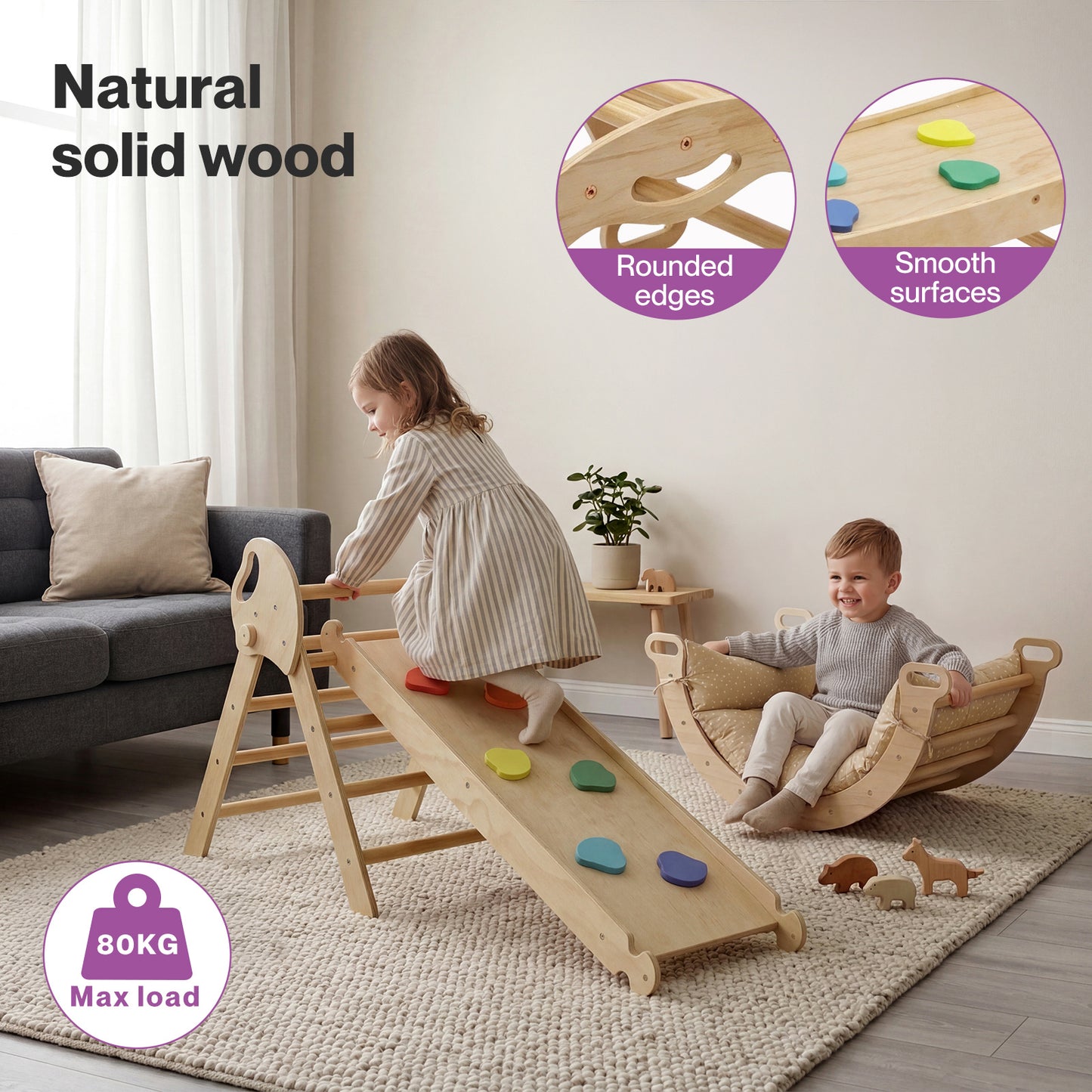 DEKKO 8 in 1 Triangle Climbing Set Kids Wooden Climber with Arch Slide Cushion