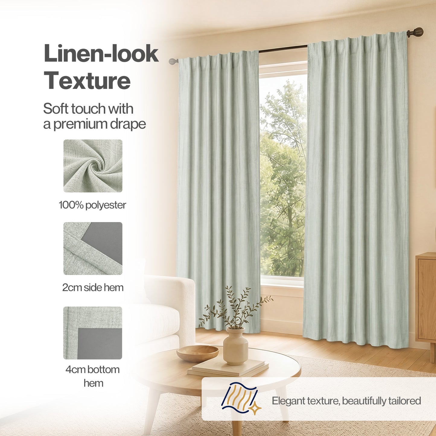 Marlow 100% Blackout Curtains Thermal Linen Look Pair Ready Made 46x72 in Green