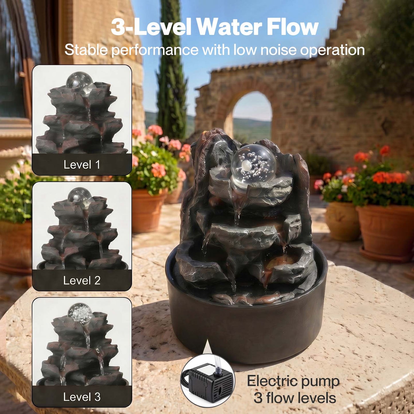 Spector Tabletop Water Fountain With Rotating Glass Ball  Resin Grey Brown