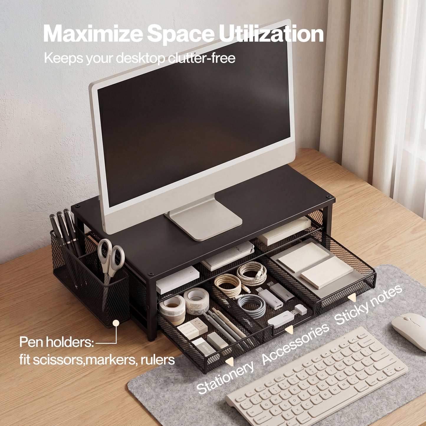 Levede Monitor Riser Desk Organiser with Drawer Metal Monitor Stand Black