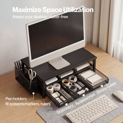 Levede Monitor Riser Desk Organiser with Drawer Metal Monitor Stand Black