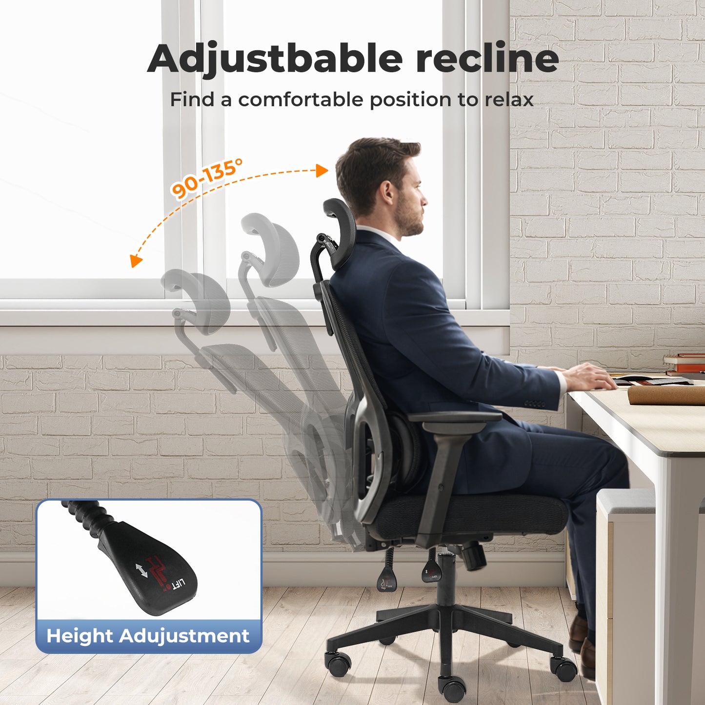 Office Computer Chair Mesh Ergonomic Lumbar Support with 3D Armrest Headrest