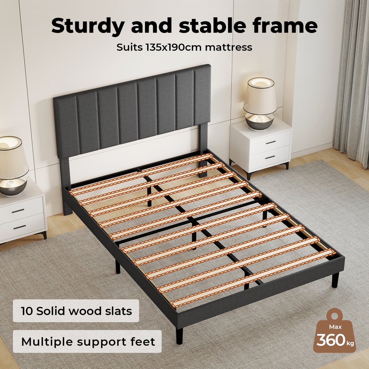 Levede Upholstered Bed Frame Linen Fabric Soft Foam Headboard Small Double King