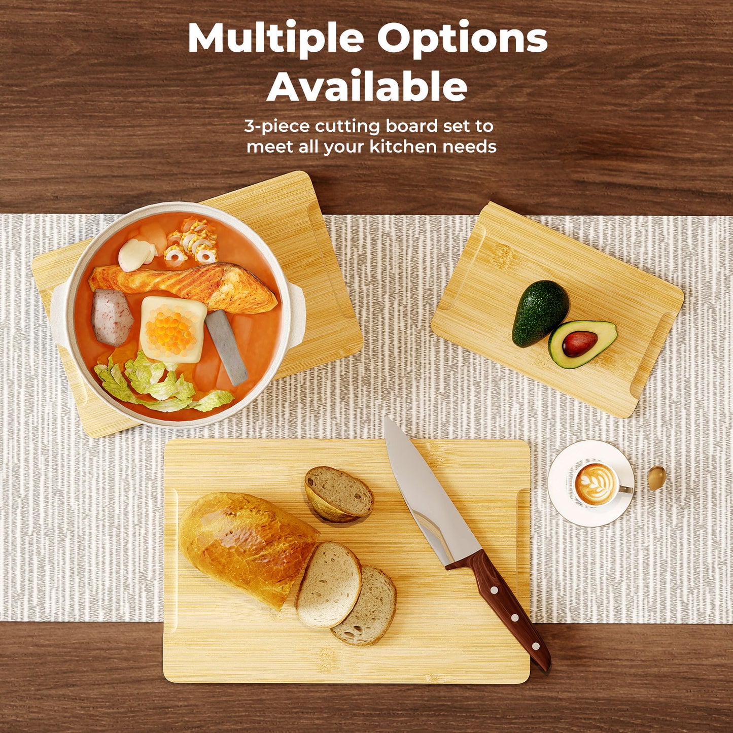 Toque 3Pcs Bamboo Cutting Board Set Chopping Boards Serving Platter Kitchen