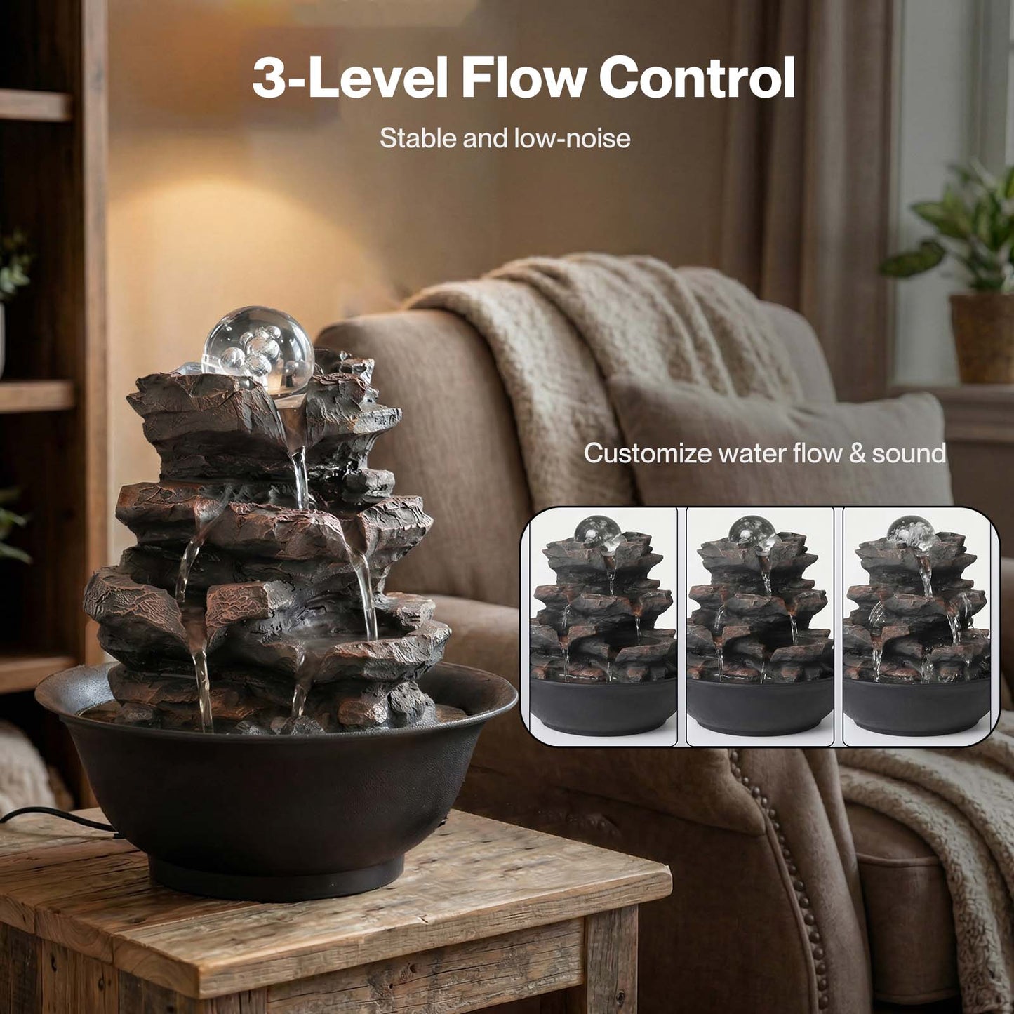 Spector Water Fountain Tabletop Glass Ball Feature 3-Speed Flow Resin Rock Brown