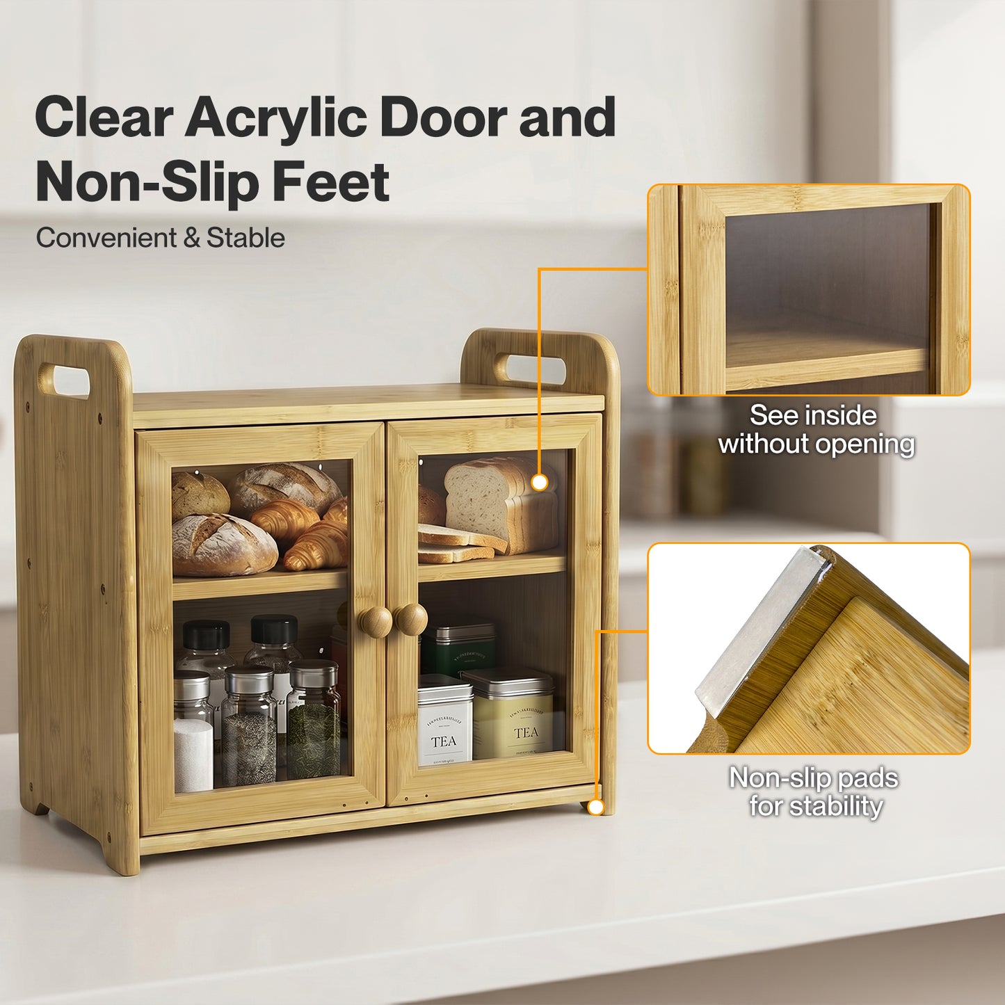 TOQUE Bread Box 20L 2-Tier Bamboo Bread Bin Storage Acrylic Door Natural