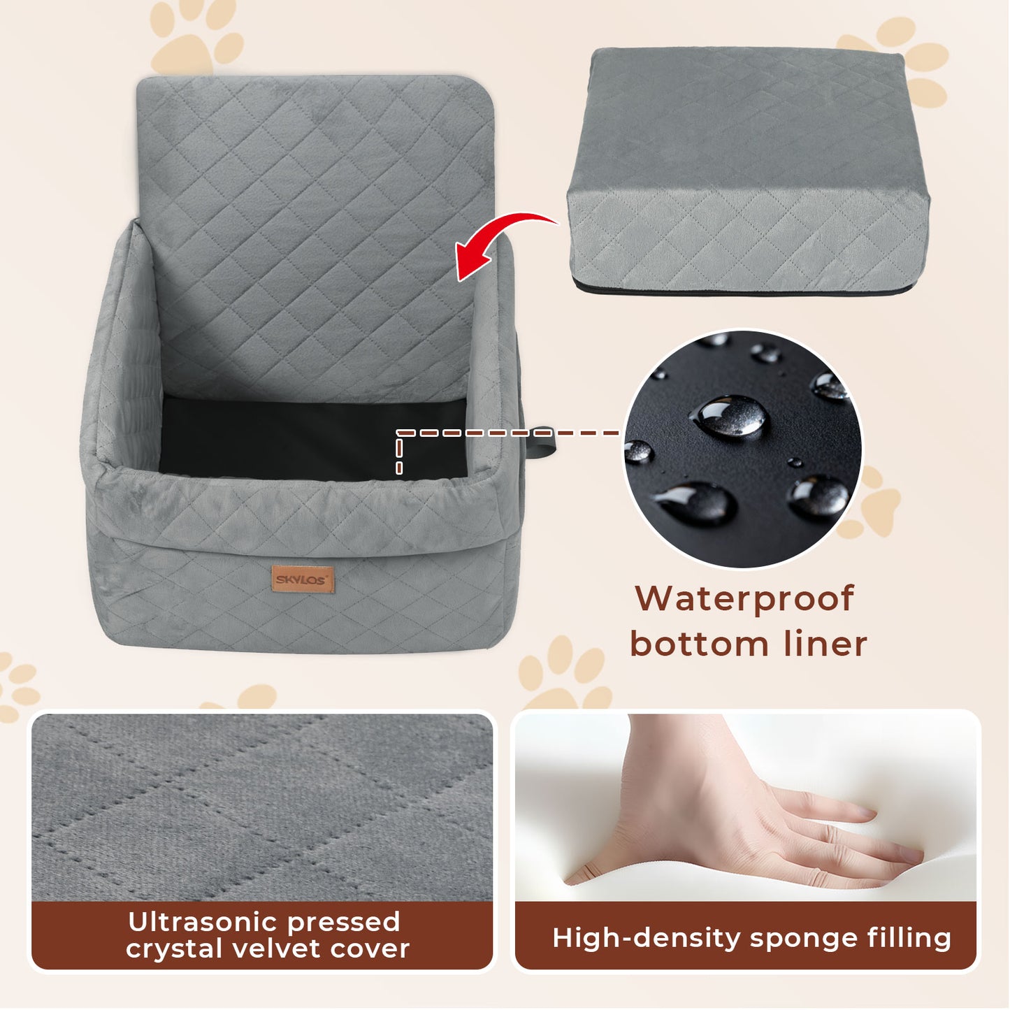 Skylos Dog Booster Car Seat Cosy Cats Pet Travel Bed with Safety Leash Grey