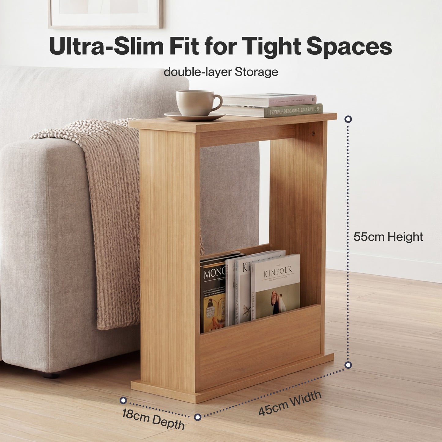 Levede Side Table Slim Storage Magazine Rack Sofa End Table Small Space Oak