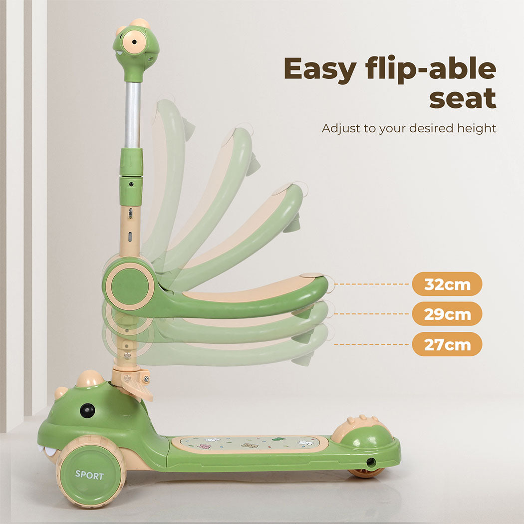 Dekko Foldable Kids Scooter Flip-able Seat Adjustable Height LED Light Green