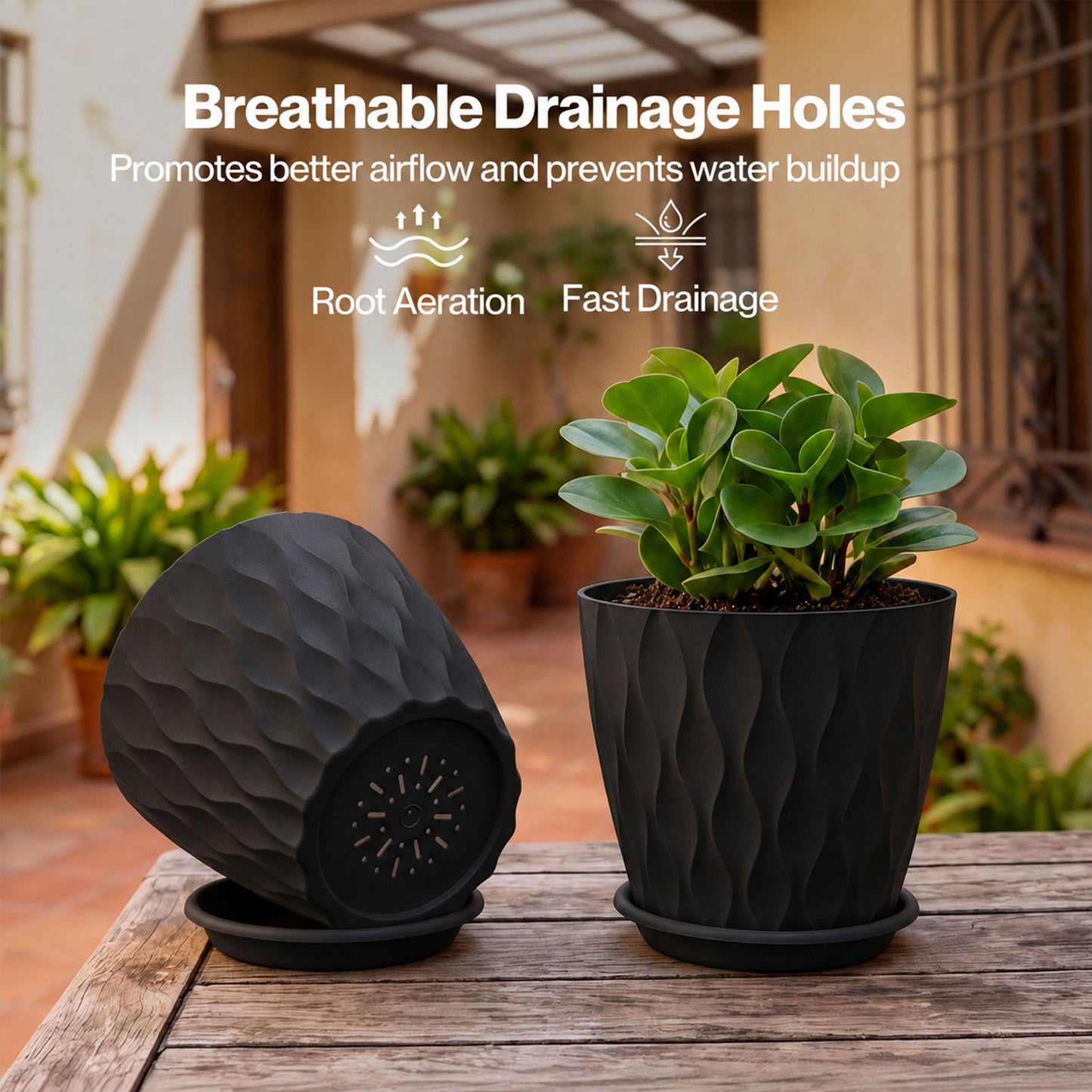 TOQUE Plant Pots 5Pc 20cm Plant Pots Indoor Drainage PP Plastic Black