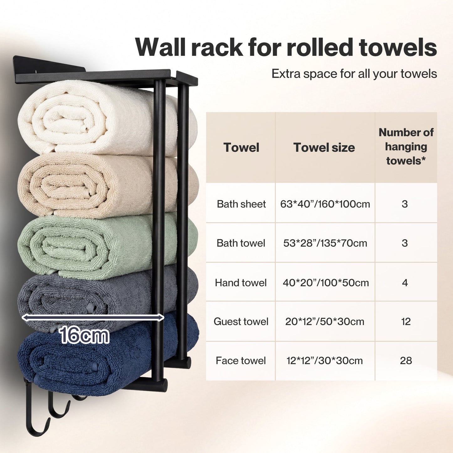 Levede Towel Rack Wall Mounted Shelf Bathroom Storage Holder with Hooks Black