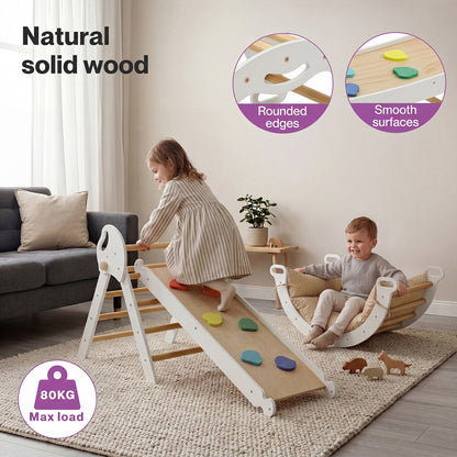 DEKKO 8 in 1 Triangle Climbing Set Kids Wooden Climber with Arch Slide White
