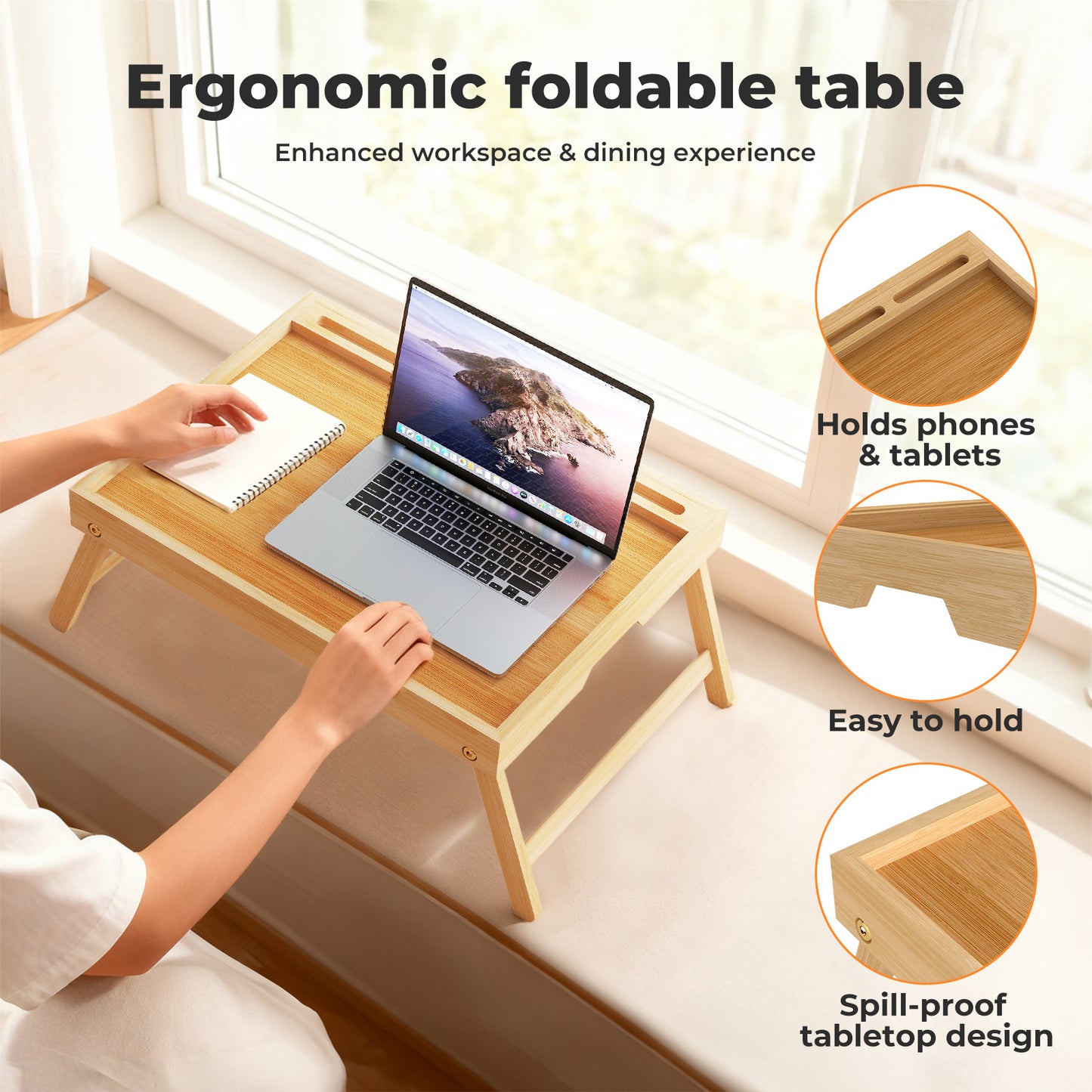 Toque Bamboo Foldable Bed Tray Table with Phone Holder Breakfast Laptop Desk