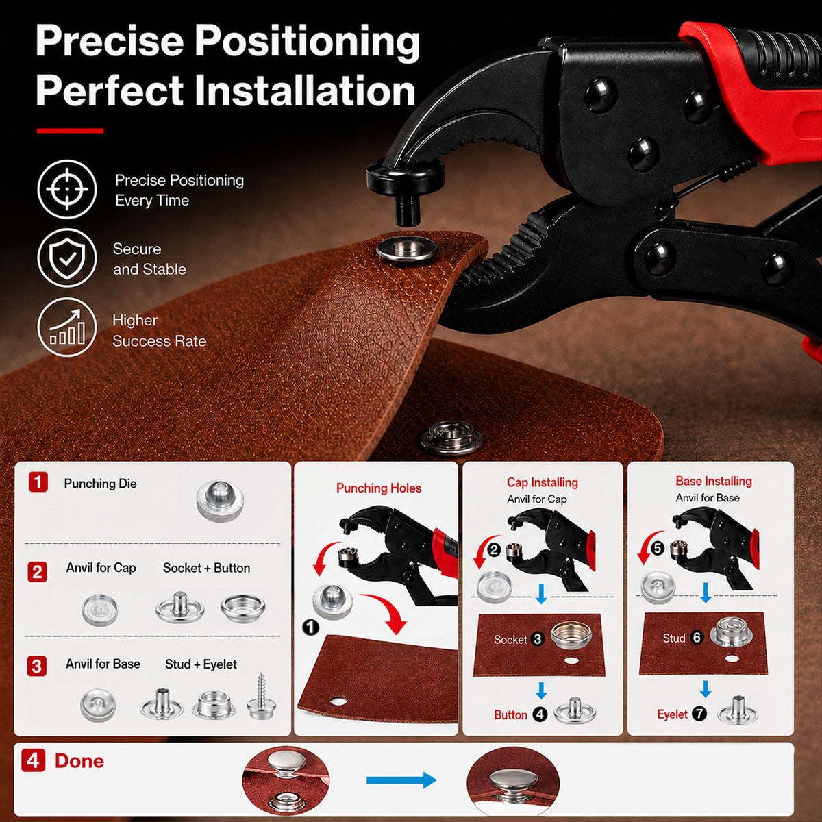 Snap Fastener Kit Adjustable Press Tool for Boat Covers Leather Cloths Red