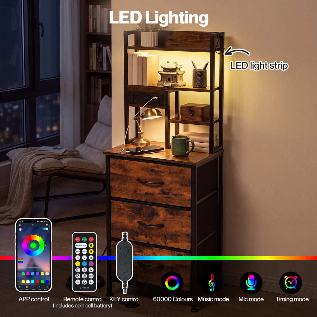 Levede Bedside Table with Charging Station 3 Drawer RGB Light Night Stand Brown