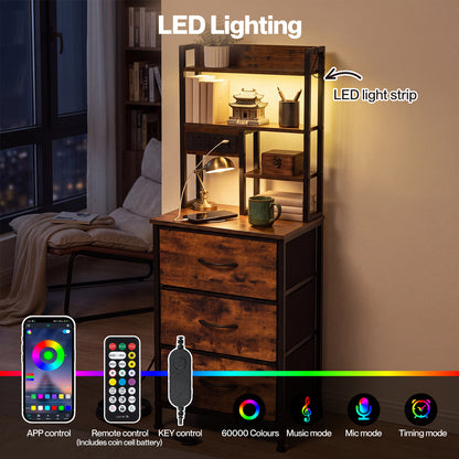 Levede Bedside Table with Charging Station 3 Drawer RGB Light Night Stand Brown