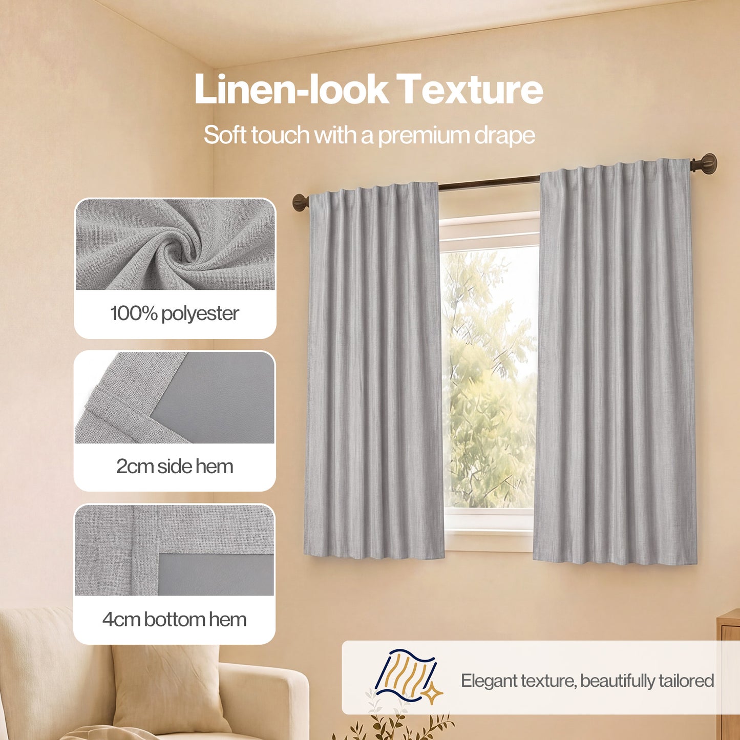 Marlow 100% Blackout Curtains Thermal Linen Look Pair Ready Made 46x54 in Grey