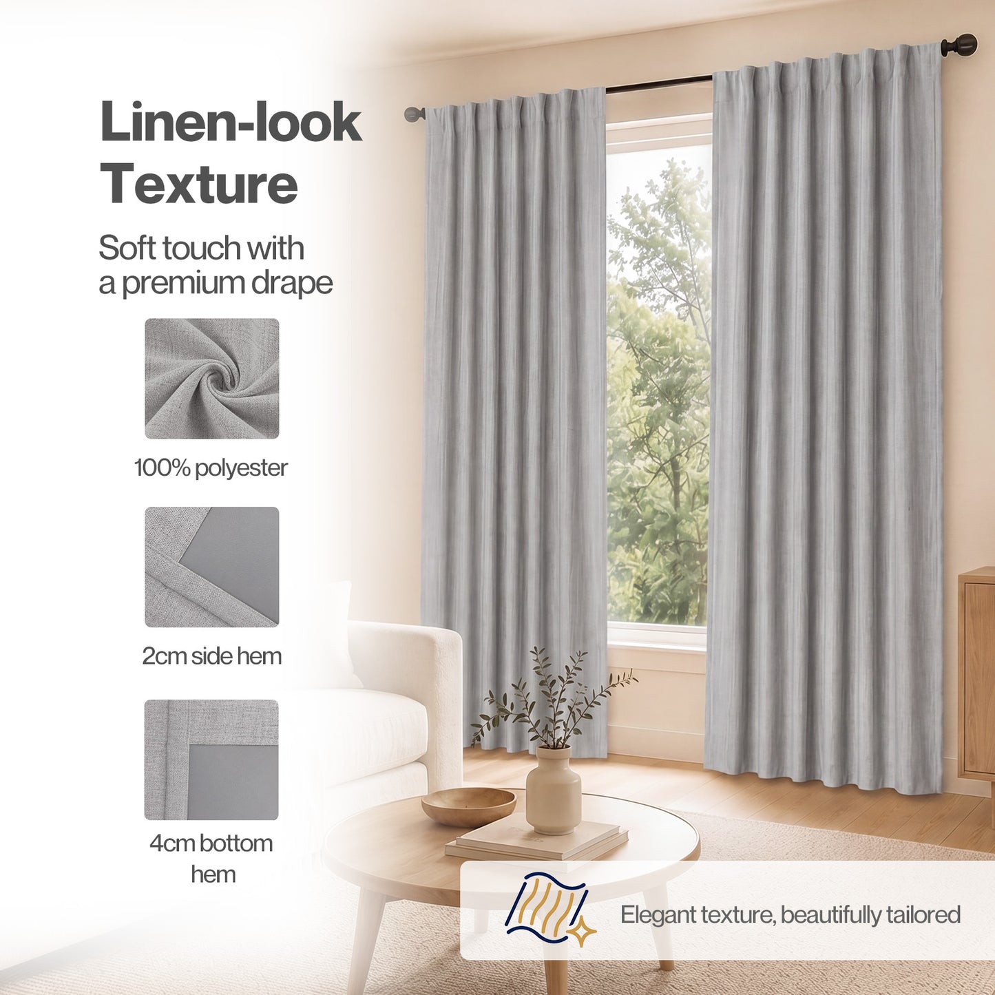 Marlow 100% Blackout Curtains Thermal Linen Look Pair Ready Made 46x72 in Grey