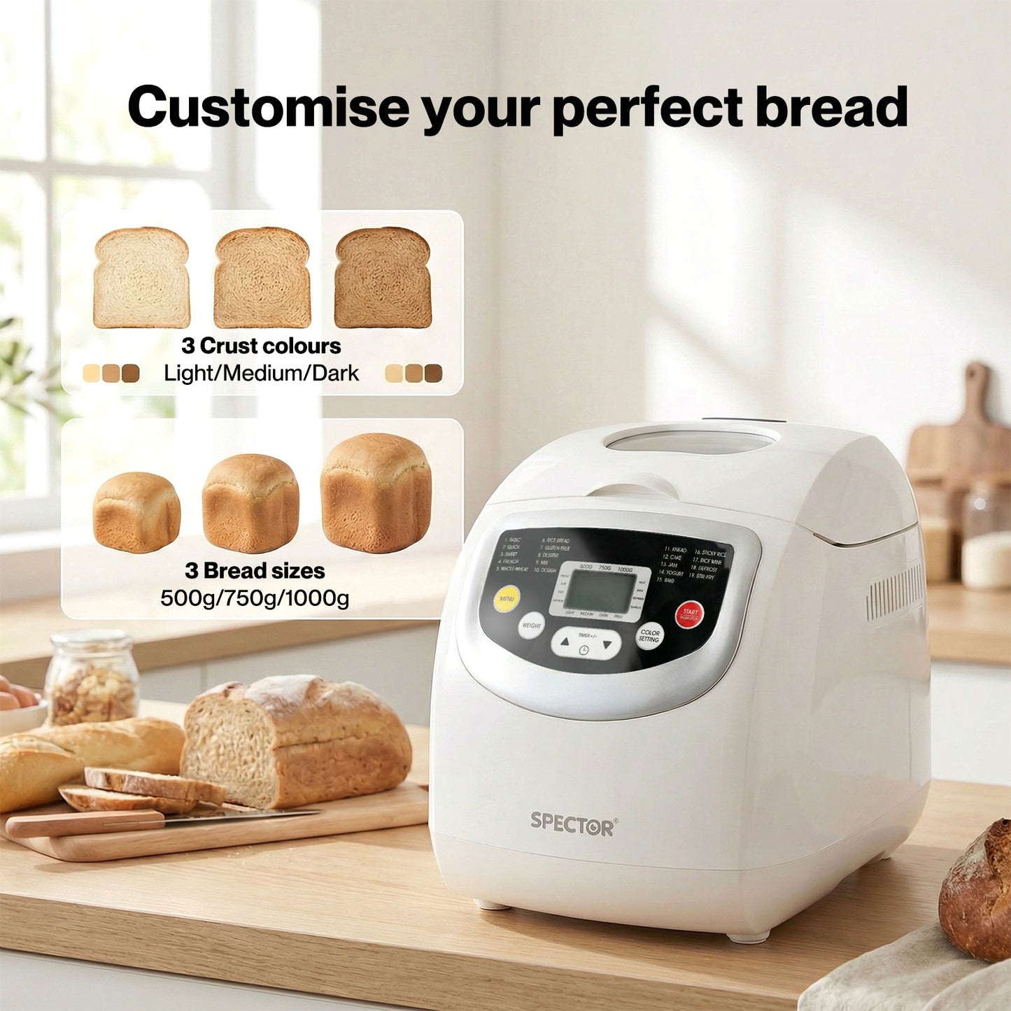 Spector Bread Maker 2lb Loaf Machine with 19 Programmer Timer 3 Crust Non-Stick