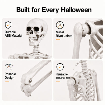 Yezi Halloween Skeleton Life Size 169cm Posable Jointed ABS Spooky Patio White