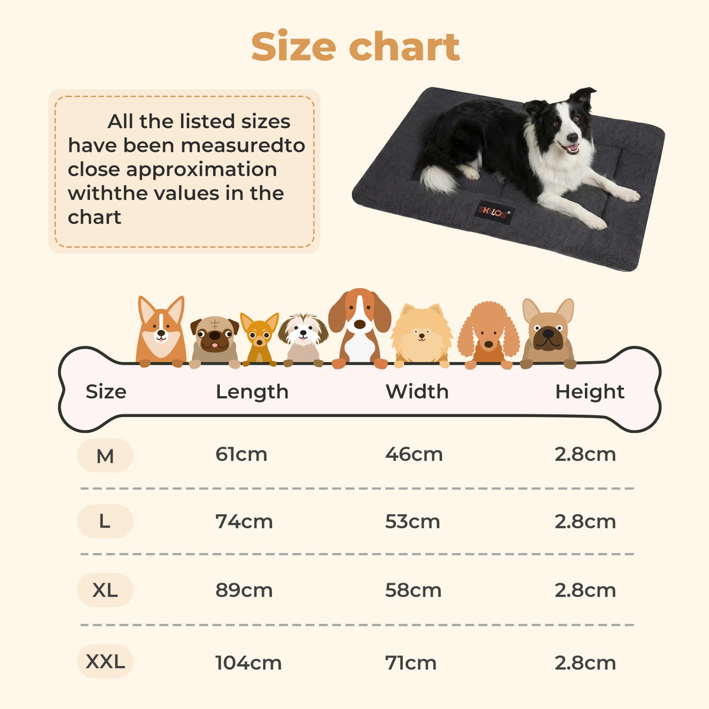 SKYLOS Dog Bed Mattress Soft Plush Cat Bed Non Slip Pet Kennel Crate Mat 61x46cm