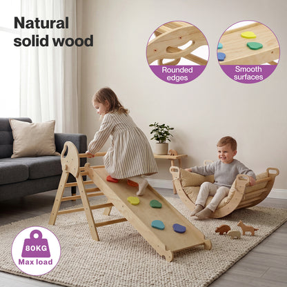 DEKKO 8 in 1 Triangle Climbing Set Kids Wooden Climber with Arch Slide Natural