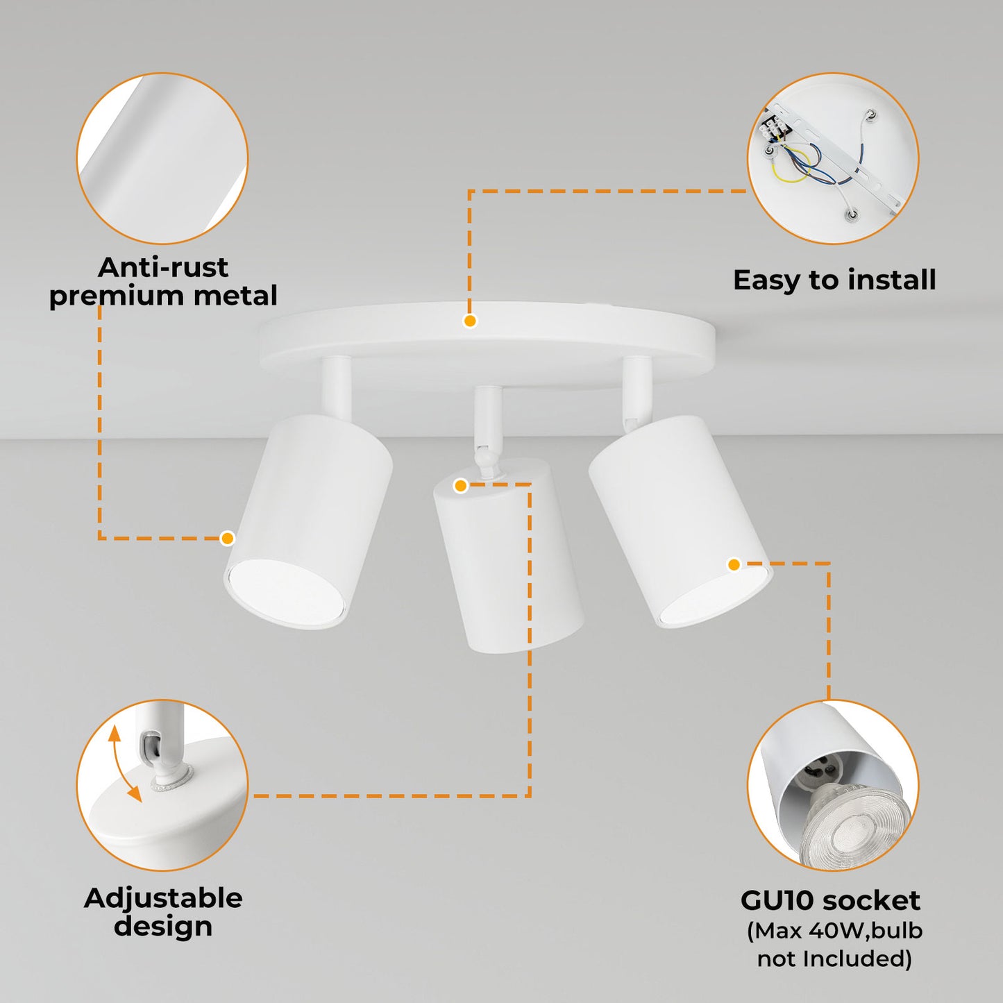 EMITTO 3-Way Spotlight Ceiling Light Adjustable GU10 Modern White Round Base
