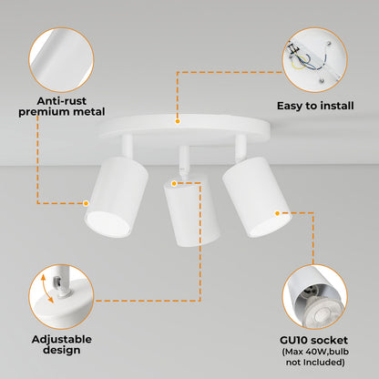 EMITTO 3-Way Spotlight Ceiling Light Adjustable GU10 Modern White Round Base
