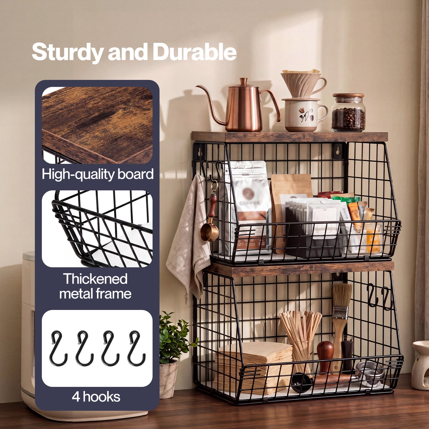 Toque Fruit Snack Storage Basket 2PCS Stackable Wall Mounted Kitchen Wood Lid