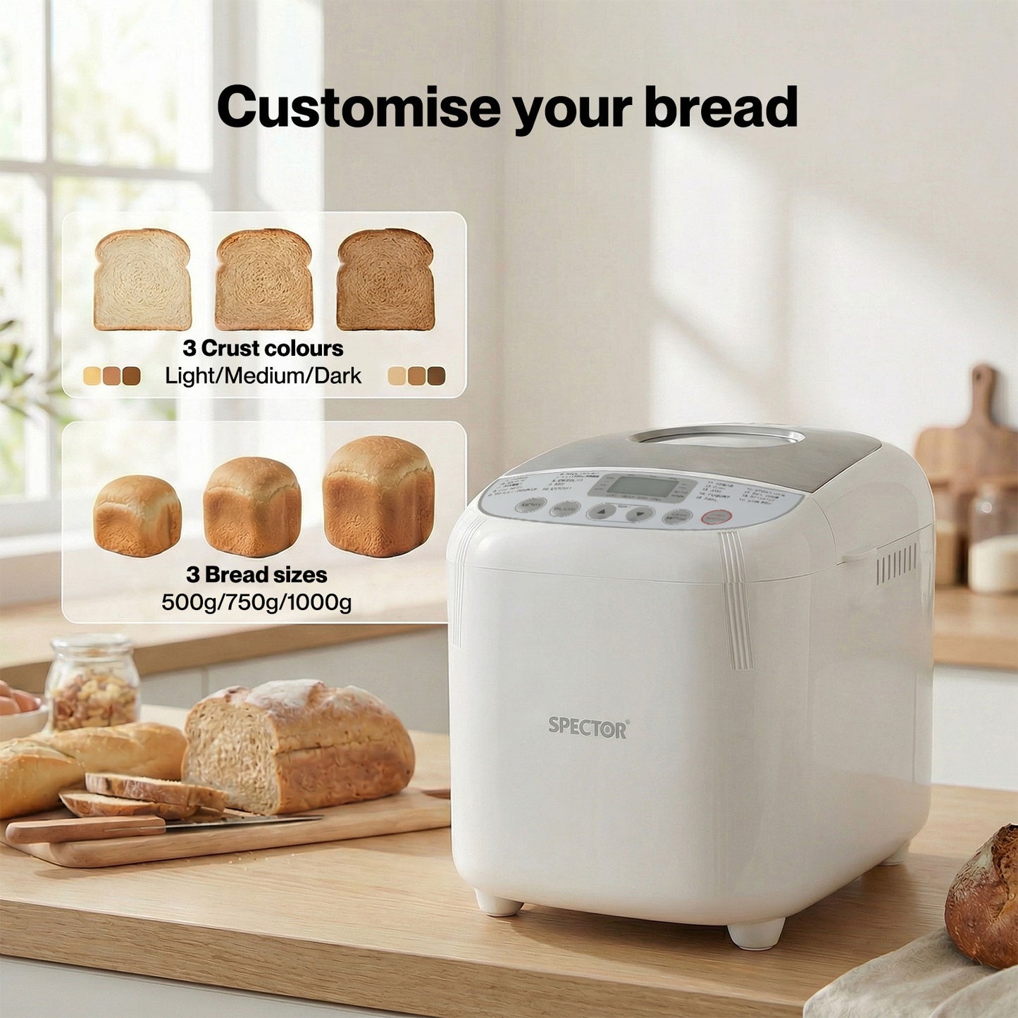 Spector Automatic Bread Maker Machine 2LB 19 in 1 600W Non Stick Stainless Steel