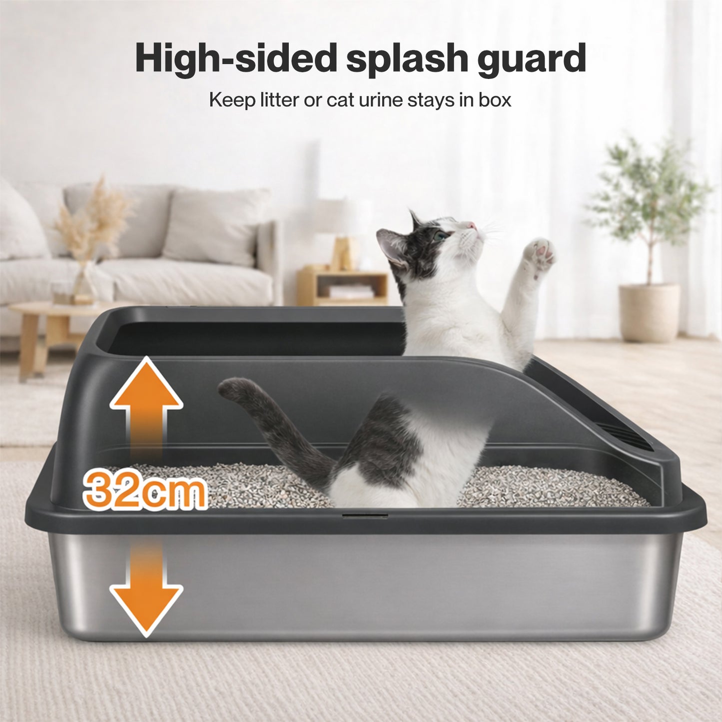 Skylos Stainless Steel Cat Litter Box Big Cats Kitten High Sided Easy Clean Grey