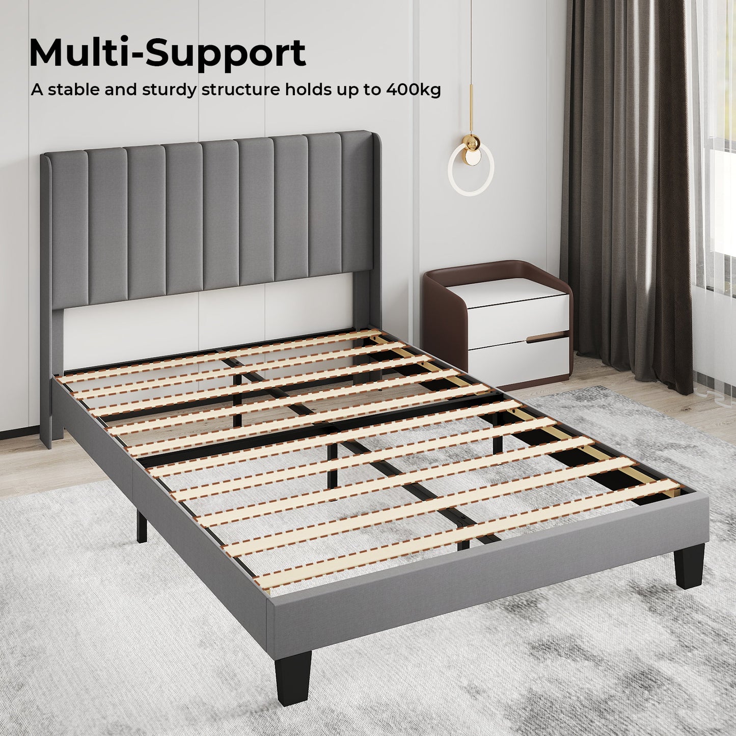 Levede Metal Wooden Bed Frame Double Panel Plush Upholstered Soft Headboard Grey
