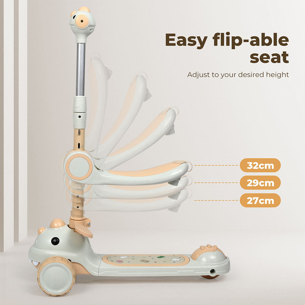 Dekko Foldable Kids Scooter Flip-able Seat Adjustable Height LED Light Beige
