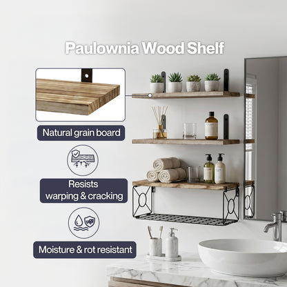 Levede Wood Floating Shelves 3 Tier Bathroom Wall Shelves with Storage Basket