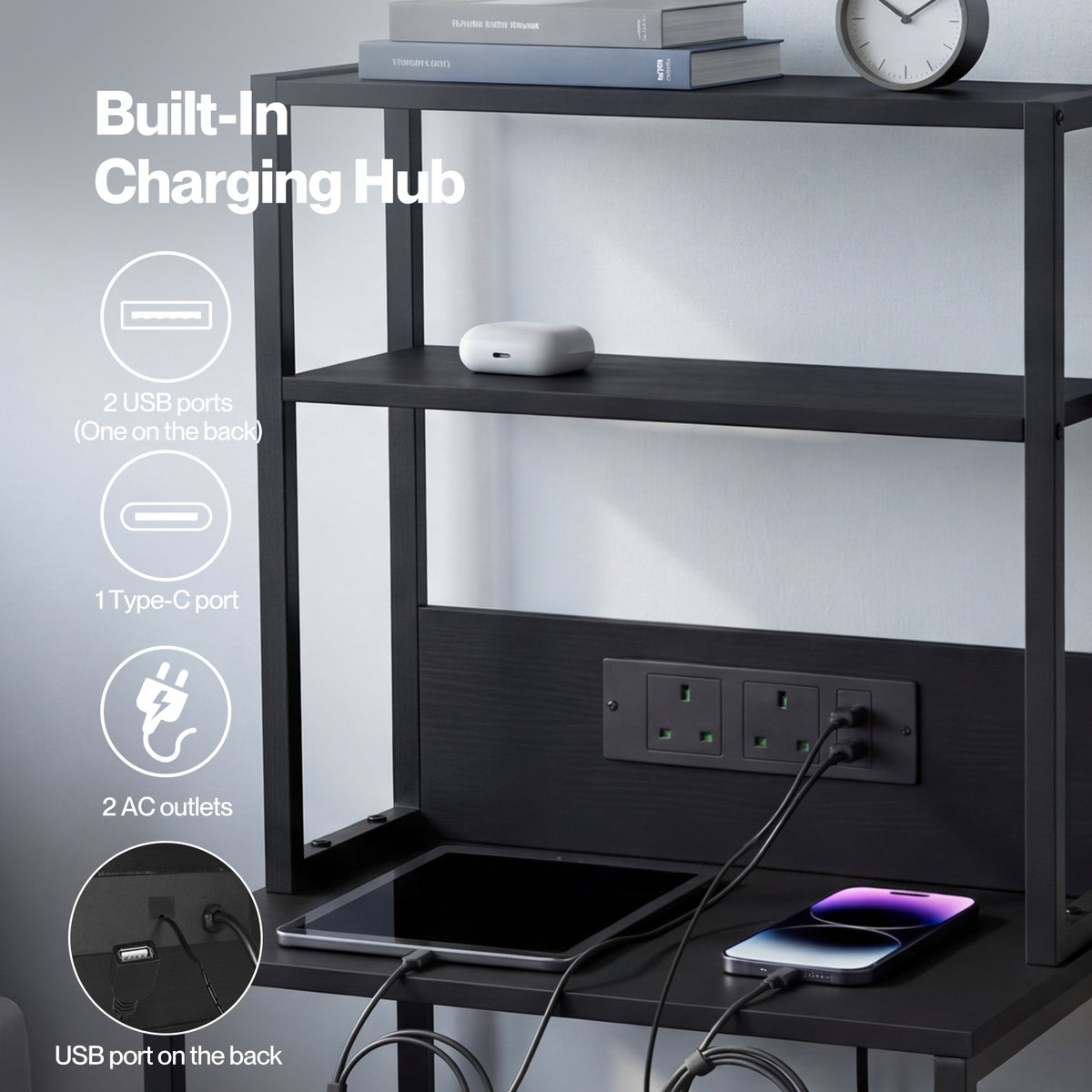 Levede Bedside Table with Charging Station LED Light 2 Drawers Storage Black