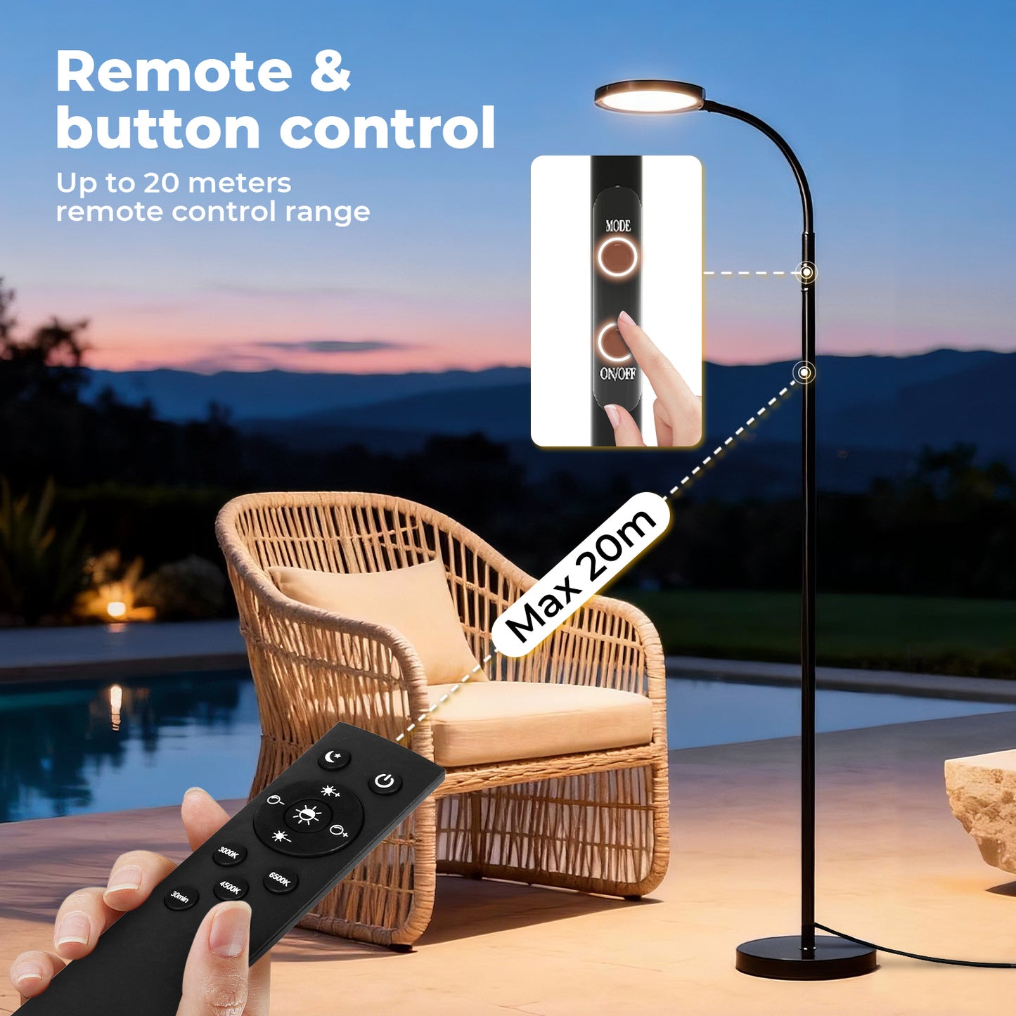 Emitto LED Floor Lamp Dimmable Standard Reading Light Remote Adjustable Angle