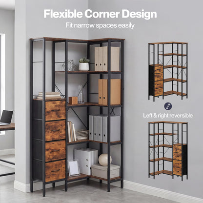 Levede Corner Bookcase with 4 Fabric Drawers & LED Light 5 Tier Bedroom Rustic