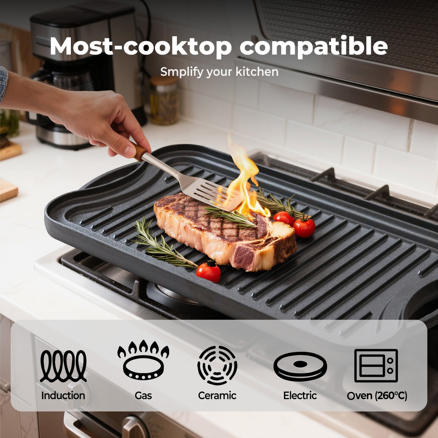 Toque Reversible Cast Iron Griddle Plate Non-Stick Grill Skillet Kitchen 50.5cm